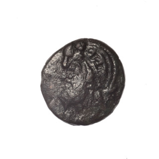 bronze coin, Pantikapaion; iconography: Dioscuri caps, Satyr's head, cornucopia; motifs: Satyr
