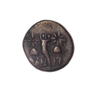 Bronze coin, Pantikapaion; obverse: head of a bearded Satyr in an ivy wreath facing left; reverse: