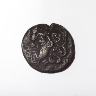 Bronze coin, Pantikapaion; obverse: head of bearded Satyr in ivy wreath facing left; reverse: