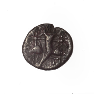 bronze coin, Pantikapaion, Dioscuri caps (iconographic), Satyr's head (iconographic), Black Sea,