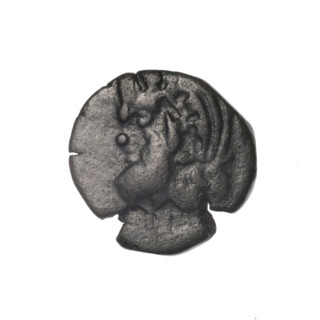 Bronze coin, Pantikapaion; obverse: head of bearded Satyr in an ivy wreath facing left; reverse: