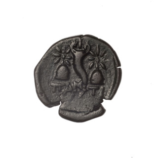 Bronze coin, Pantikapaion; obverse: head of bearded Satyr in an ivy wreath facing left; reverse: