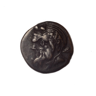 bronze coin, Pantikapaion; iconography: Dioscuri caps, Satyr's head, cornucopia; motifs: Satyr