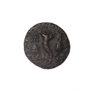 Bronze coin, Pantikapaion; obverse: head of a bearded Satyr in an ivy wreath facing left; reverse: