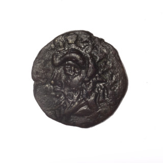 Bronze coin, Pantikapaion; obverse: head of bearded Satyr in ivy wreath facing left; cornucopia; on