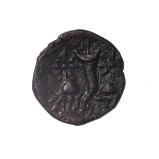 bronze coin, Pantikapaion; head of Satyr (iconographic); Dioscuri caps (iconographic); Black Sea;