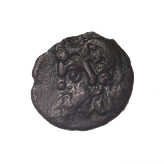 Bronze coin, Pantikapaion; obverse: head of a bearded Satyr in an ivy wreath to the left; reverse: