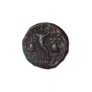 Bronze coin, Pantikapaion; obverse: head of a bearded satyr in an ivy wreath facing left; reverse:
