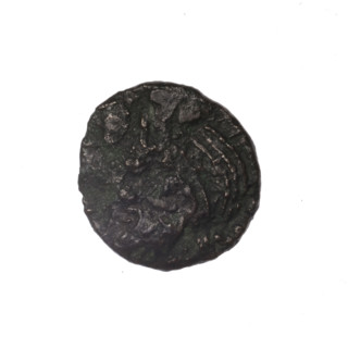 Bronze coin, Pantikapaion; obverse: head of a bearded Satyr in an ivy wreath facing left; reverse: