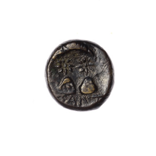 bronze coin, Pantikapaion, Dioscuri caps (iconographic), Satyr's head (iconographic), Black Sea,