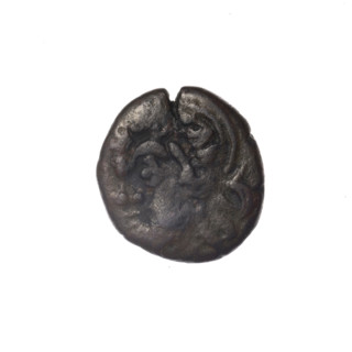 Bronze coin, Pantikapaion. Obverse: head of bearded Satyr in ivy wreath facing left. Reverse: