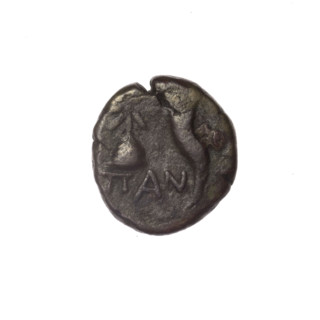 bronze coin, Pantikapaion, Dioscuri caps (iconographic), Satyr's head (iconographic), Black Sea,