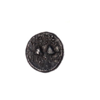 bronze coin, Pantikapaion; head of Satyr (iconographic); Dioscuri caps (iconographic); Black Sea;