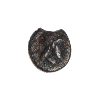 bronze coin, Pantikapaion; iconography: Dioscuri caps, Satyr's head; motifs: Satyr (mythology),
