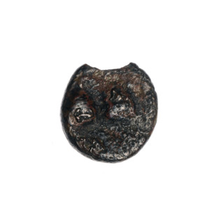 bronze coin, Pantikapaion; obverse: head of a beardless Satyr in a willow wreath facing right;