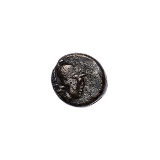 bronze coin, Pantikapaion; obverse: head of Athena in a Corinthian helmet facing right; reverse: