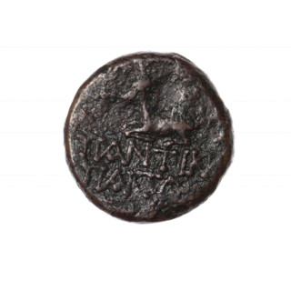 bronze coin, Pantikapaion; obverse: bust of Artemis with bow and quiver on shoulder facing right;