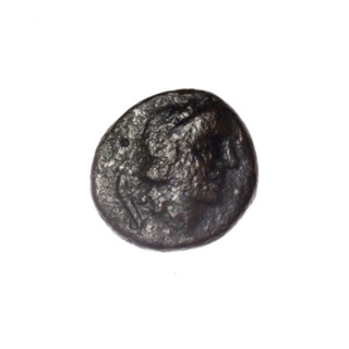 Bronze coin, Pantikapaion; obv: head of Apollo right; reverse: laurel wreath, inscription below;