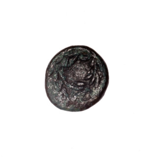 bronze coin, Pantikapaion; obv: head of Apollo right; reverse: laurel wreath, inscription below;