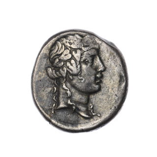 Didrachma, Pantikapaion; obverse: head of Dionysus in an ivy wreath facing right; reverse: ivy