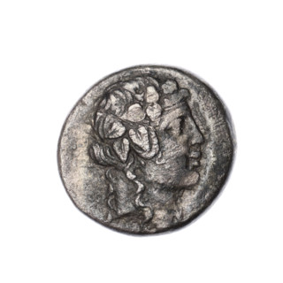 Didrachma, Pantikapaion; obverse: head of Dionysus in an ivy wreath facing right; reverse: ivy