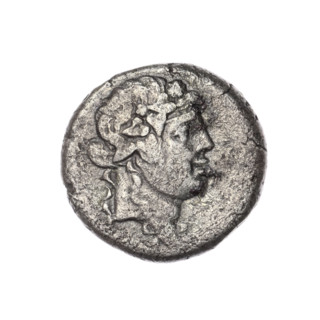 Didrachma, Pantikapaion; didrachma showing head of Dionysus in an ivy wreath facing right; reverse: