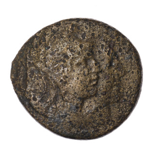 bronze coin, Pantikapaion; aw: head of Attys in a Phrygian cap decorated with stars and in a laurel