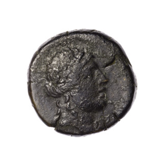 Bronze coin, Pantikapaion. Obverse: head of Apollo in a laurel wreath to the right. Reverse: