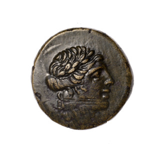 bronze coin, Pantikapaion; head of Apollo (iconographic), tripod (iconographic), thyrsus
