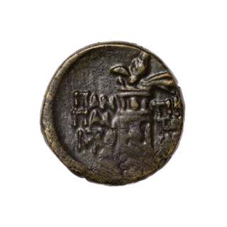 Bronze coin, Pantikapaion; head of Apollo (iconographic) in a laurel wreath to the right (obverse);