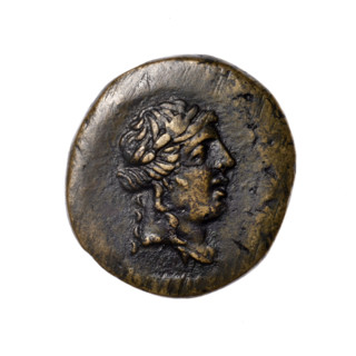 bronze coin, Pantikapaion; head of Apollo (iconographic); tripod (iconographic); thyrsus