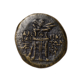 bronze coin, Pantikapaion; head of Apollo (iconographic) in a laurel wreath to the right (obverse);