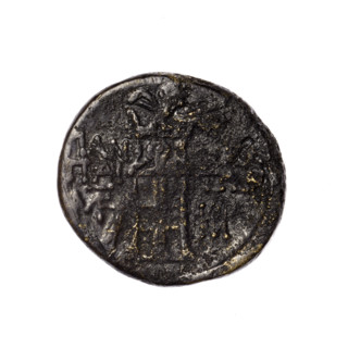 bronze coin, Pantikapaion; head of Apollo (iconographic); tripod (iconographic); thyrsus