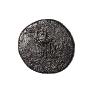 bronze coin, Pantikapaion; obverse: head of Apollo in a laurel wreath facing right; reverse: tripod