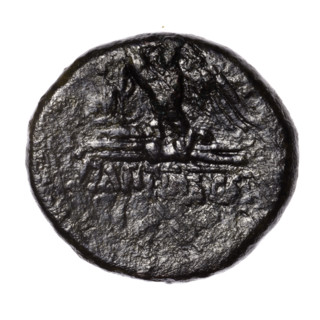 Bronze coin, Pantikapaion; after 63 BC, Cimmerian Bosporus. Obverse: head of Apollo in a laurel
