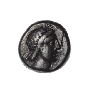 Bronze coin, Pantikapaion; obverse: head of Apollo in laurel wreath facing right; reverse: quiver