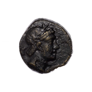 Bronze coin, Pantikapaion; obverse: head of Apollo in laurel wreath facing right; reverse: quiver