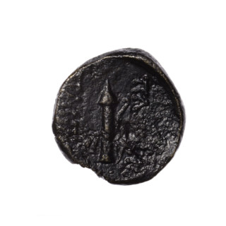 bronze coin, Pantikapaion; head of Apollo (iconographic) in laurel wreath facing right (obverse);