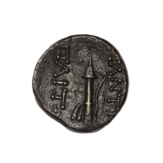 Bronze coin, Pantikapaion; obv: head of Apollo in laurel wreath facing right; rev: quiver with