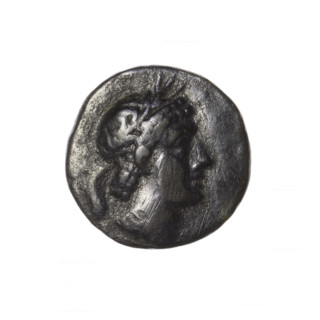 bronze coin, Pantikapaion; obverse: head of Apollo in laurel wreath facing right; reverse: quiver