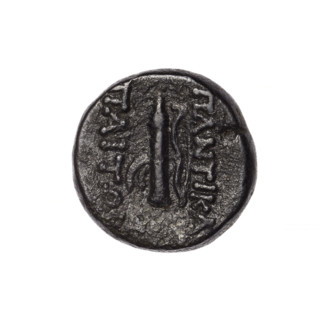 bronze coin, Pantikapaion; head of Apollo (iconographic); bows (armed); quivers; Black Sea; Apollo
