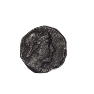 bronze coin, Pantikapaion; obv: head of Apollo in laurel wreath facing right; rev: quiver with