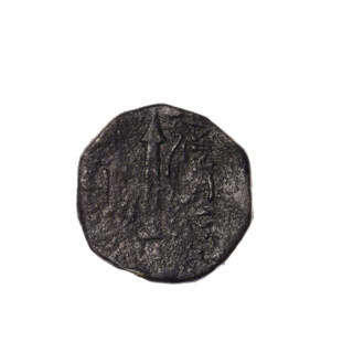 bronze coin, Pantikapaion; obv: head of Apollo in laurel wreath facing right; rev: quiver with