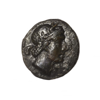 bronze coin, Pantikapaion; obverse: head of Apollo in laurel wreath facing right; reverse: quiver