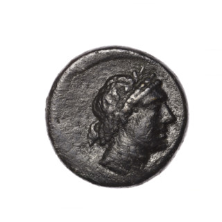 bronze coin, Pantikapaion; head of Apollo (iconographic); Pegasus (mythology); obv: head of Apollo