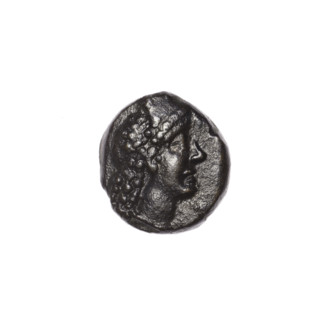 bronze coin, Pantikapaion; head of Apollo (iconographic) on obverse—head of Apollo in laurel wreath