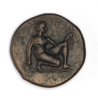 Bronze coin, Chersonesos; obverse: Artemis (kneeling on right knee, facing right) with bow in left