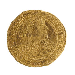 Ducat, Koch, David. Obverse: male bust facing right with a beard and long hair, in decorative