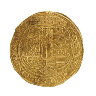 Ducat, David Koch. Obverse: male bust facing right with a beard and long hair, wearing decorative