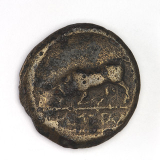 Bronze coin, Chersonesos Taurica, 300–290 BC. Obverse: Artemis (Deva) to the left thrusting a spear